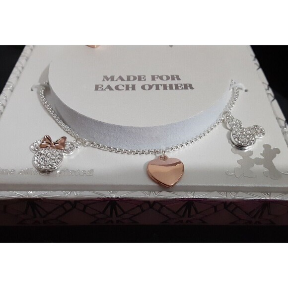 Disney Minnie Mickey Mouse Made For Each Other Pendant Fine Silver Bracelet - Picture 5 of 9